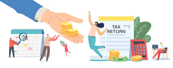 Tax Return Concept. Male or Female Characters Getting Money Refund for Purchasing, Mortgage or Health Care Service