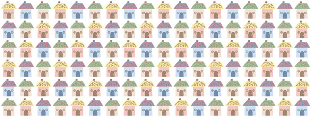 Cute hand drawn little color houses. Christmas seamless pattern.  Town or village background. Kids or baby print. Vector children flat cartoon illustration. Cozy design for clother, cards, posters.