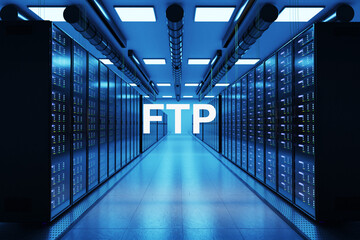 ftp logo in large modern data center with multiple rows of network internet server racks, 3D Illustration