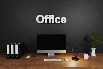 modern clean office workspace with computer screen and dark concrete wall; office lettering; hiring concept; 3D Illustration