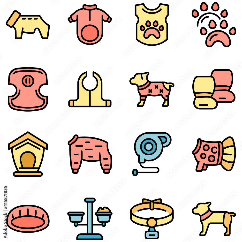 Sticker Dog clothes icons set. Outline set of dog clothes vector icons thin line color flat on white - Stickers