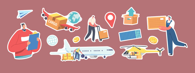Set of Stickers Air Cargo Transportation Theme. Loader Characters Loading Parcels on Airplane and Helicopter, Winged Box