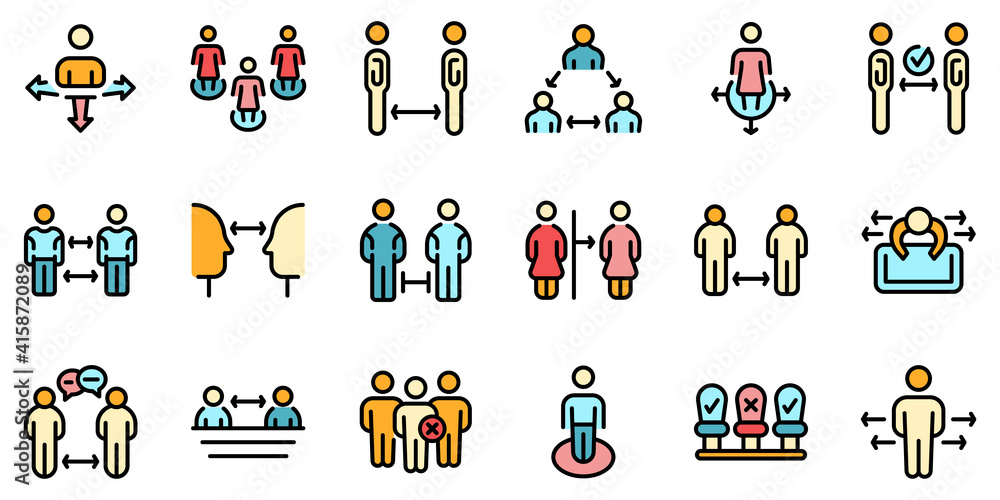 Poster keep distance icons set. outline set of keep distance vector icons thin line color flat on white