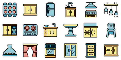 Kitchen furniture icons set. Outline set of kitchen furniture vector icons thin line color flat on white