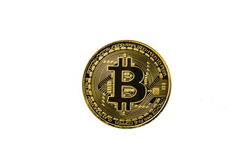 Golden bitcoin isolated on white background.
