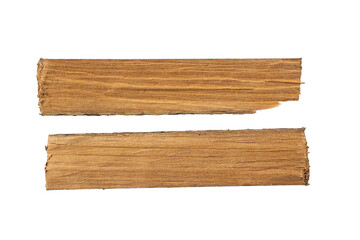 Two wooden slats isolated on a white background.