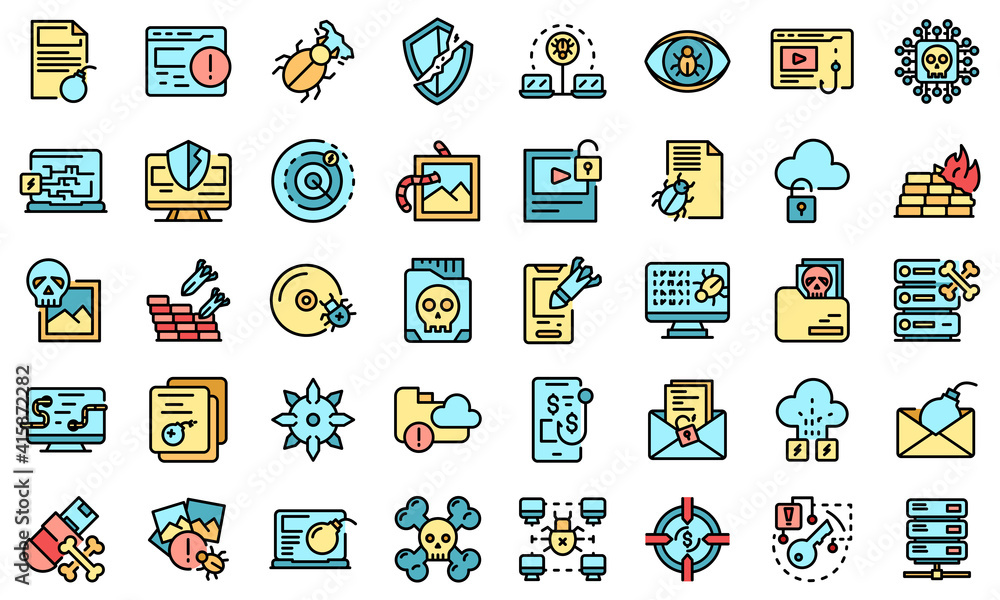 Poster malware icons set. outline set of malware vector icons thin line color flat on white