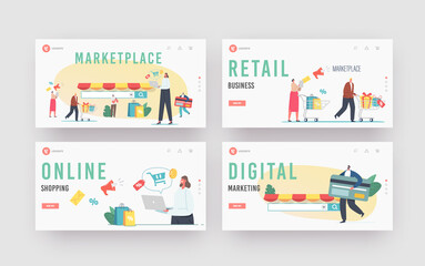 Marketplace Retail Business, Online Shopping Landing Page Template Set. Digital Shop App, Pc Browser. Consultative Sales