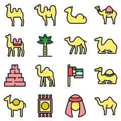 Camel icons set. Outline set of camel vector icons thin line color flat on white