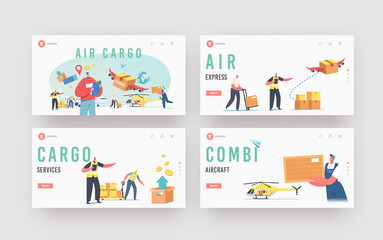 Fototapeta premium Air Cargo Transportation, Aircraft Logistics Landing Page Template Set. Delivering Goods by Airplane, Helicopter