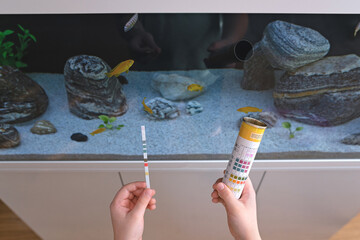 Science. A boy is holding test ph strips to test the water in the aquarium
