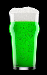 Frosty glass of draft green beer with bubble froth isolated on black background.