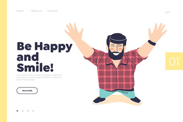 Be happy and smile concept of landing page with cheerful man looking up, top view from above