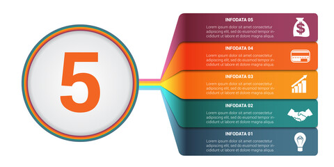 Template Infographics 5 positions. Colourful numbered strips with prospect. Infographic.