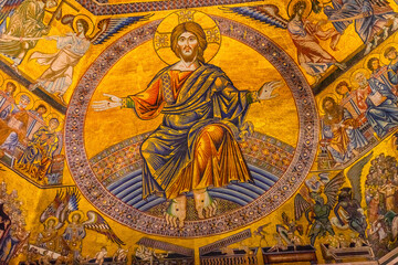 Jesus Christ and angels mosaic, Florence Baptistery, Florence, Italy. Baptistery created 1100's, mosaics by Jacobus 1200's.