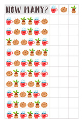 Counting children game of cartoon winter food. Kids learning collection. Count how many elements and write the result. Preschool worksheet activity.