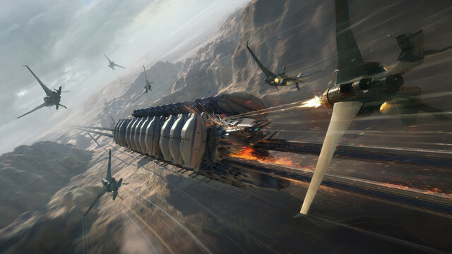 Fictional illustration of a transport vehicle under attack.