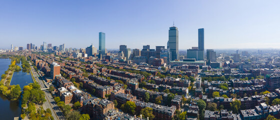 Boston Back Bay modern city skyline including John Hancock Tower, Prudential Tower, and Four Season Hotel at One Dalton Street in Boston, Massachusetts MA, USA.  