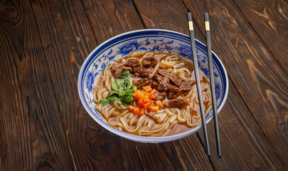 Chinese beef noodle soup in traditional blue bowl, fresh herbs and sliced carrot, pair of chopsticks on dark wooden background and copy space. Asian food concept top view