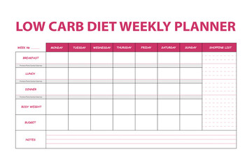 Pink diet weekly planner isolated on white background. Food menu plan for diet. Daily schedule template for cooking meals. Week plan low carb menu notes.
