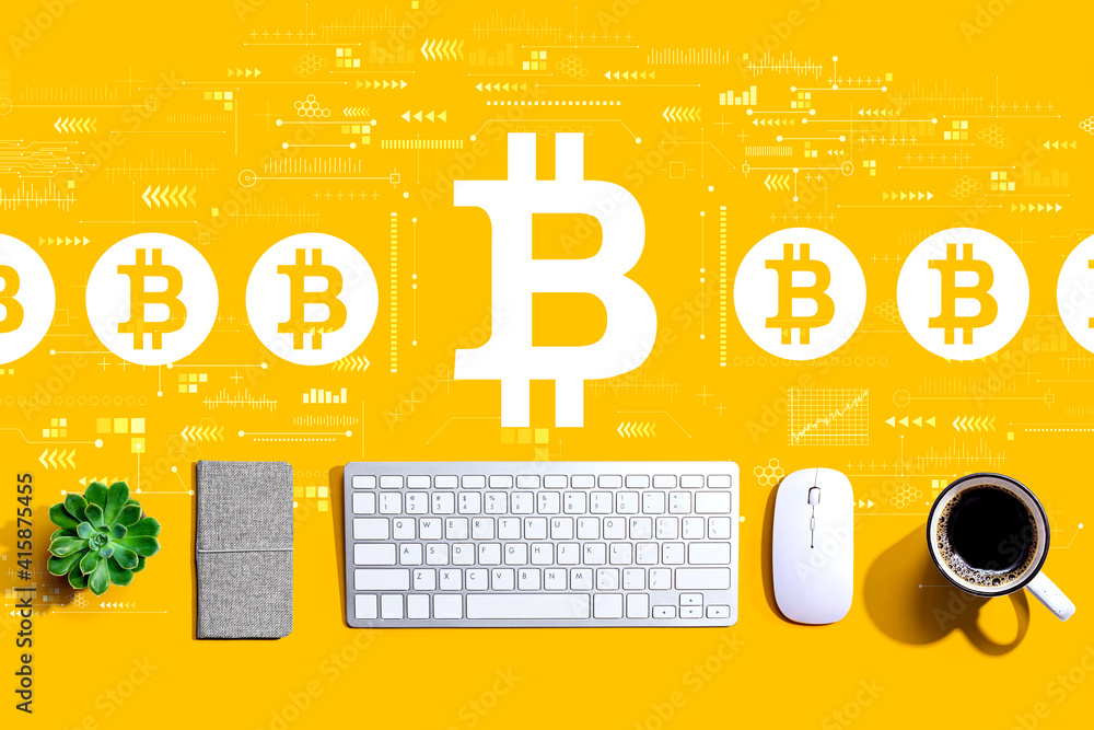 Poster bitcoin theme with a computer keyboard and a mouse