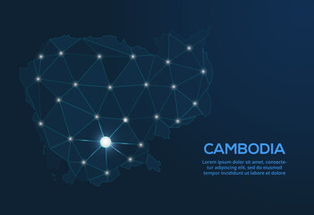 Cambodia communication network map. Vector low poly image of a global map with lights in the form of cities. Map in the form of a constellation, mute and stars