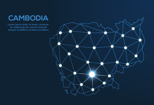 Cambodia Communication Network Map. Vector Low Poly Image Of A Global Map With Lights In The Form Of Cities. Map In The Form Of A Constellation, Mute And Stars