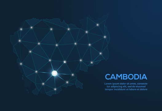 Cambodia Communication Network Map. Vector Low Poly Image Of A Global Map With Lights In The Form Of Cities. Map In The Form Of A Constellation, Mute And Stars