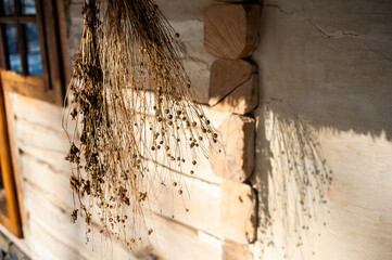 Old wooden background. Wooden log house texture