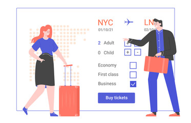 Colleagues book air tickets for a business trip. People in business attire stand next to the airline's website. Vector flat illustration.