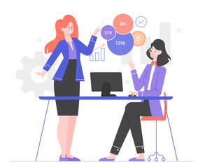 Colleagues in the office. One girl sits at the computer, the second analyzes the charts. Financial analysis, economic consultant, investment and trading. Vector flat illustration.