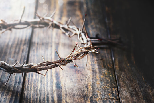 Christian crown of thorns like Christ wore with blood drops over a rustic wood background or table. Selective focus with blurred background.
