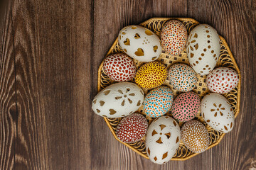 Colorful Easter Egg banner.Above view with copy space.Happy Easter decoration background,colorful hand painted decorated eggs.Festive tradition for Eastern European countries.Holiday Still life photo.