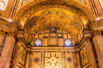 Fototapeta na wymiar Lamb of God biblical story mosaic, Florence Baptistery, Florence, Italy. Lamb symbol of Christ. Baptistery created 1000, mosaics by Jacobus 1200's.