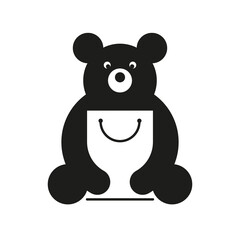 Bear with a bag in his hands. Bear logo with white shopping bag on white background. Vector, illustration