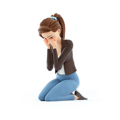 3d sad cartoon woman sitting on her knees