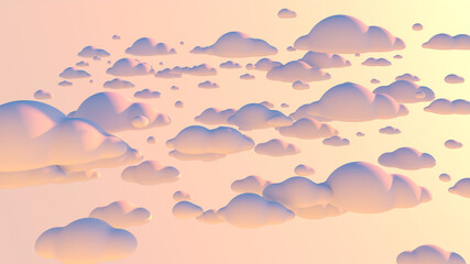 Beautiful cloudy sky with sunset light background 3d render illustration. 3D rendering full of funny rounded white clouds over warm sky. Cloud computing abstract concept