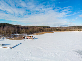 Frozen lake Minsk sea in Belarus. Drone aerial shot