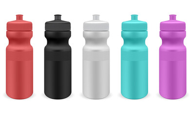 Sport water bottle. Isolated plastic fitness bottle template. Bike flask blank mockup, reusable container design, adventure equipment, summer travel