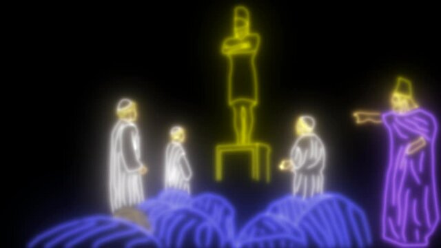 nubocodonosor forcing the 3 young people to bow to the idol, image from the book of Daniel, made of neon lines