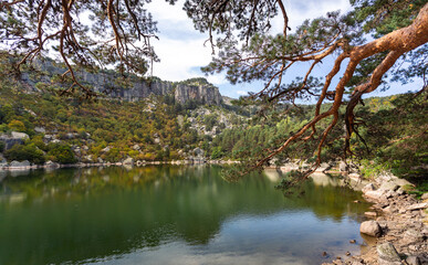 Mountain reflected in a glacial lake with green trees on the shore of Laguna Negra in Urbion...