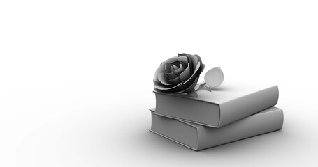 Conjunto de libros y rosas para celebrar la Diada de Sant Jordi, El Día Internacional del Libro. Maqueta 3D y en blanco y negro