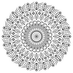 Contour mandala with zen patterns. Fantasy doodle antistress coloring page vector illustration. Ethnic decorative elements. Zen art style illustration.