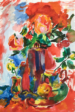 Red abstract still life with pink roses in a vase, an apple and a teapot on a blue drapery for printing on T-shirts, for fabric design, postcards, prints for cafes and restaurants.