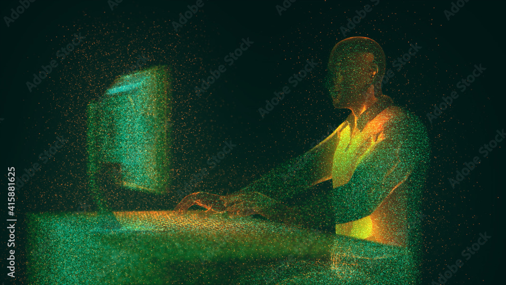 Poster 3d rendered illustration of admin working in front of desktop computer in digital cyber space hud ho