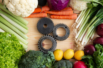 Rotating gear wheels by eating vegetables for a healthy and strong body. To consume a variety of vegetables to be healthy.