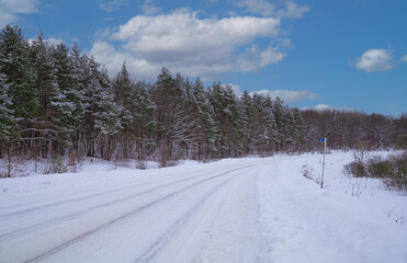 Fototapeta premium a road passing the edge of the forest.winter in the russian federation