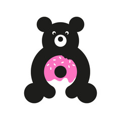 Bear and sweet donut. Bear logo with a pink donut in his hands on a white background. Vector, illustration