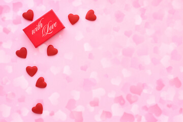 Valentines Day background. Red gift box and hearts on festive background
