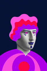 Collage with plaster antique sculpture of human face in a pop art style. Modern creative concept image with ancient statue head. Zine culture. Contemporary art poster. Funky minimalism. Retro design.